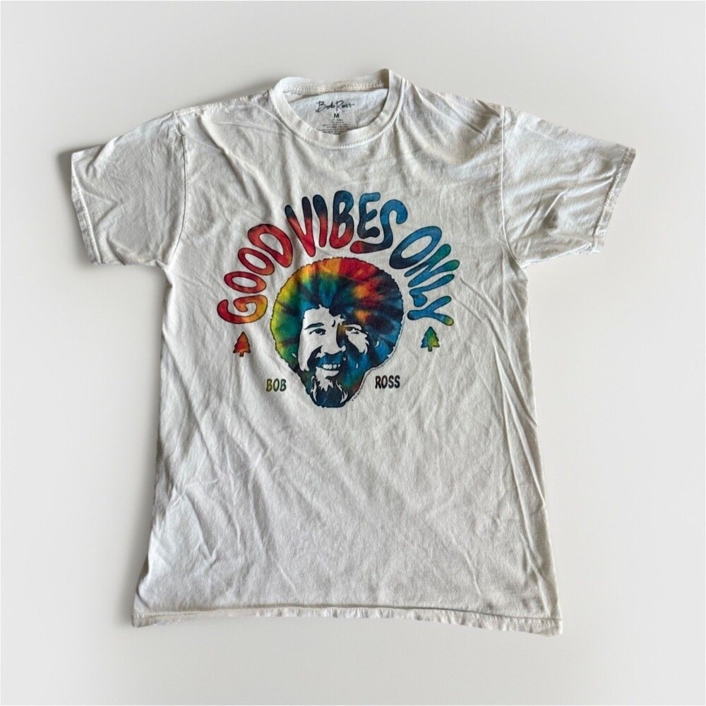 Bob Ross Good Vibes Only Graphic Print Tee White Regular Fit Crew Neck - M
